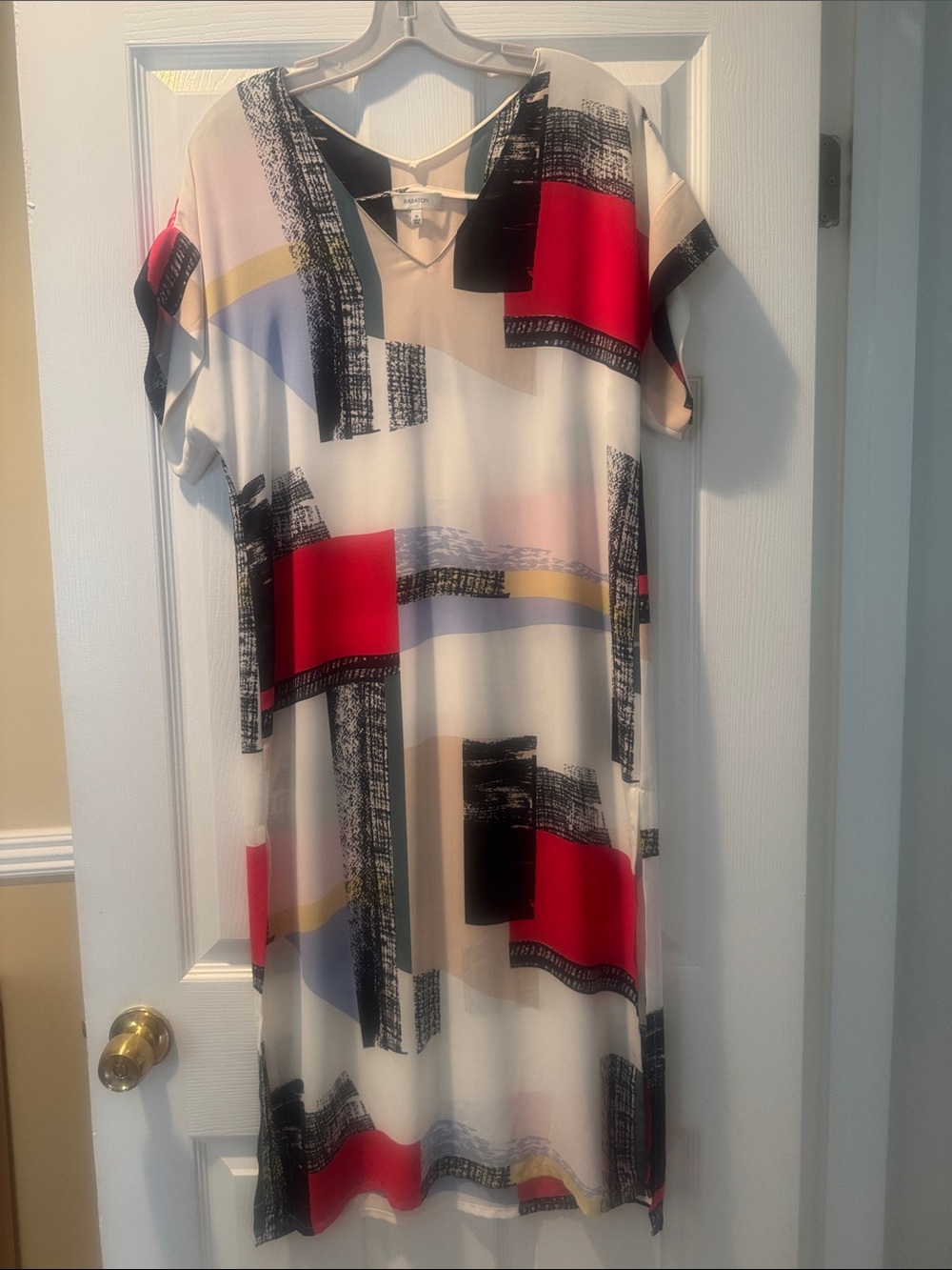 Babaton White Shift Dress with Red, Black & Yellow Graphic Blocks